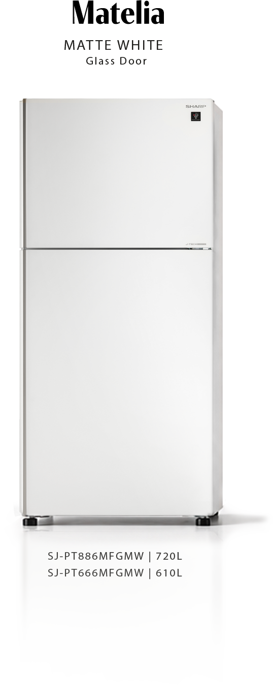 Sharp Matelia Matte White glass-door refrigerator, models SJ-PT886MFGMW and SJ-PT666MFGMW