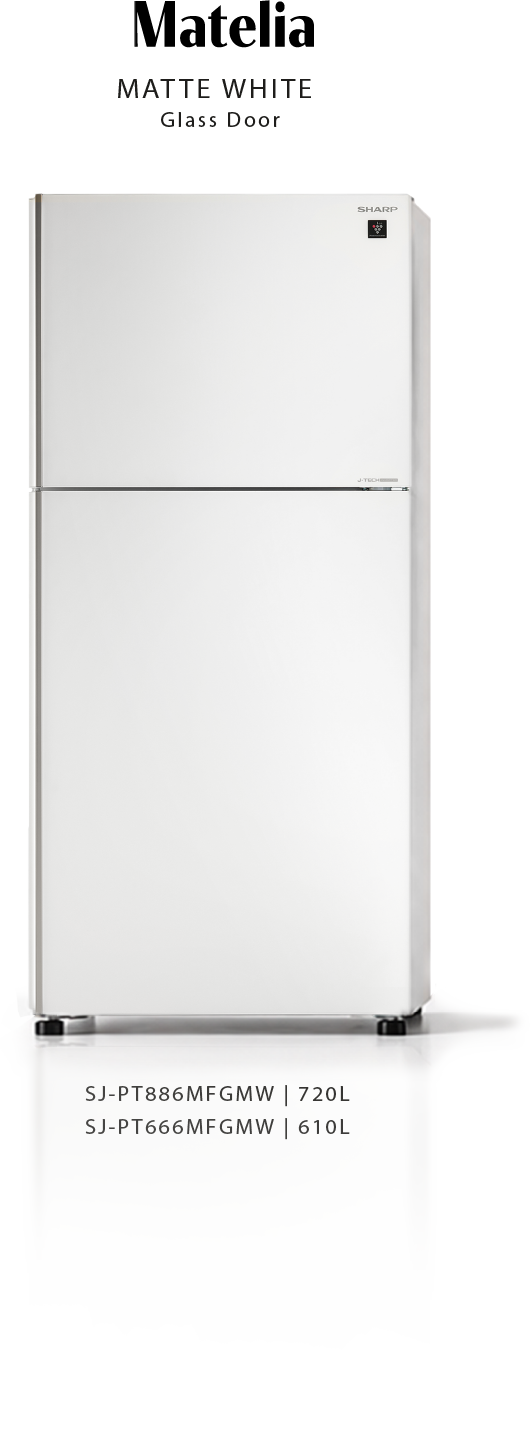 Sharp Matelia Matte White glass-door refrigerator, models SJ-PT886MFGMW and SJ-PT666MFGMW
