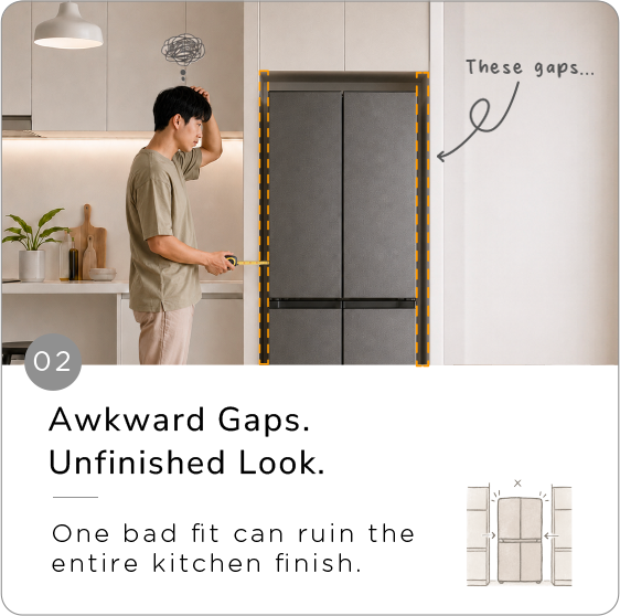 An incorrectly fitted refrigerator leaving awkward gaps
