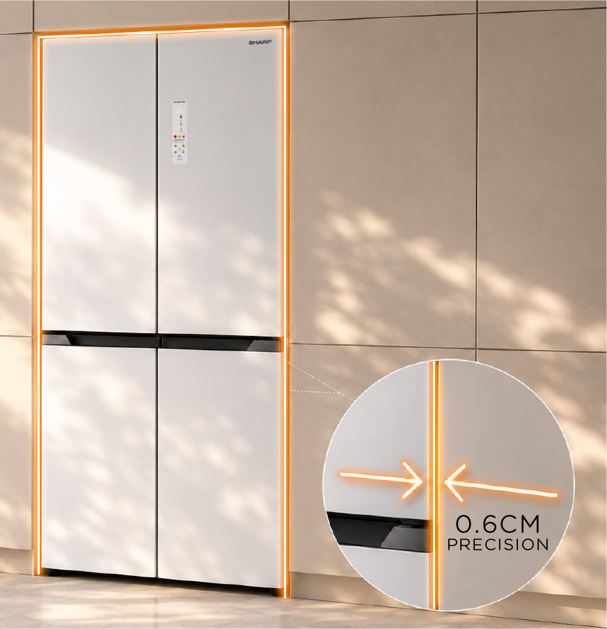 Sharp NeoFit refrigerator fitted seamlessly between kitchen cabinets