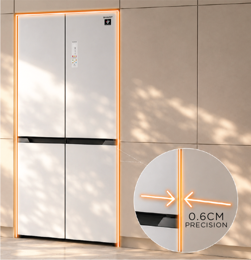 Sharp NeoFit refrigerator fitted seamlessly between kitchen cabinets