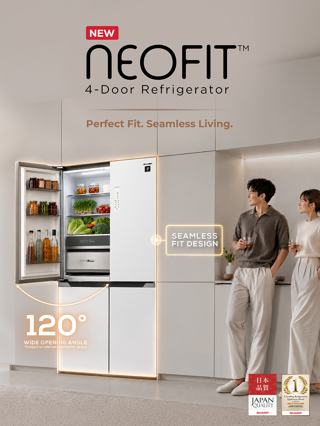 Sharp NeoFit four-door refrigerator with seamless fit design and up to 120-degree wide door opening
