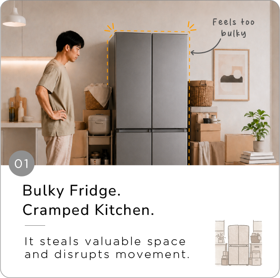 Bulky fridge, cramped kitchen. It steals valuable space and disrupts movement.
