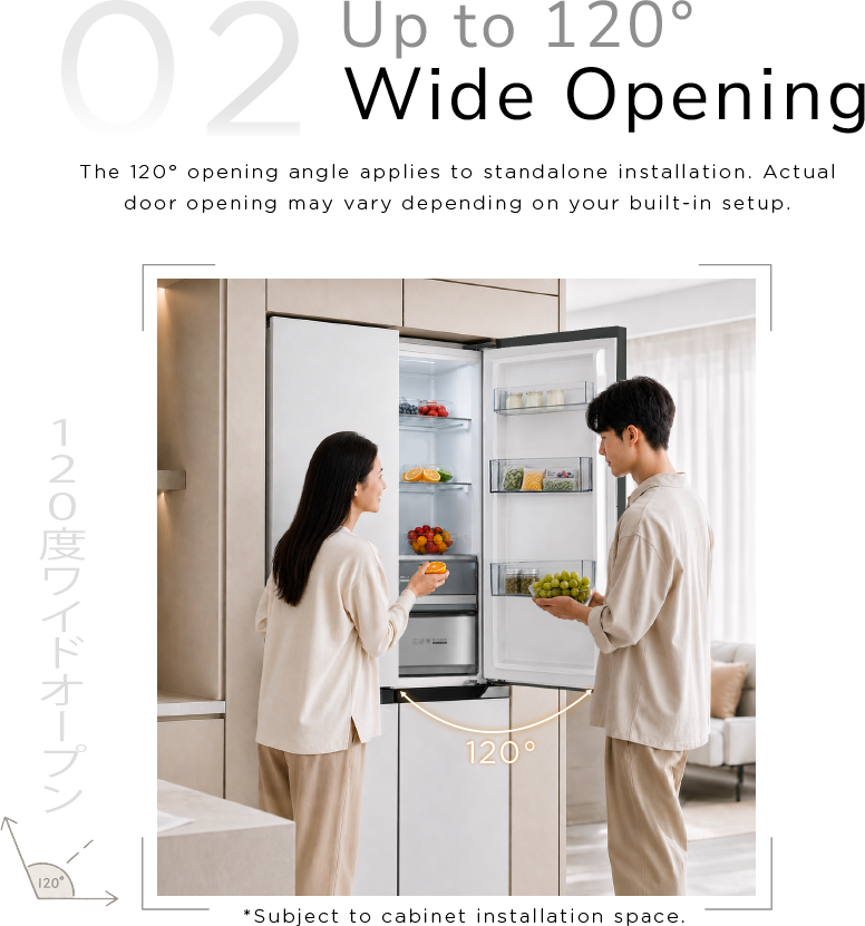 Up to 120 degree Wide Opening. Actual door opening may vary depending on the built-in setup.