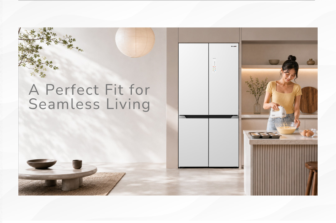 Sharp NeoFit refrigerator fitted into a modern kitchen with the message A Perfect Fit for Seamless Living