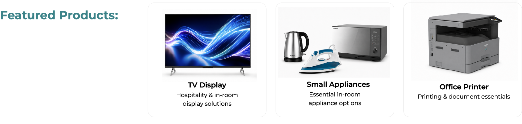 Featured hospitality products include a TV display, small kitchen appliances, and laundry and garment care products.