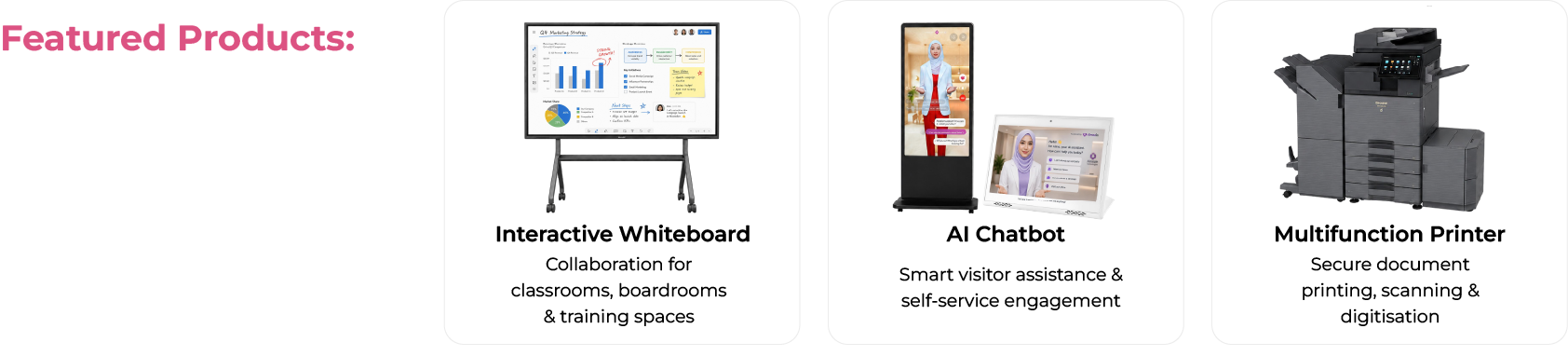 Featured products include an Interactive Whiteboard, AI Chatbot and Multifunction Printer.